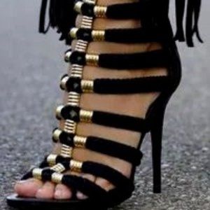 Black Stiletto High Heel Sandals with Zipper Backs - Size US 7